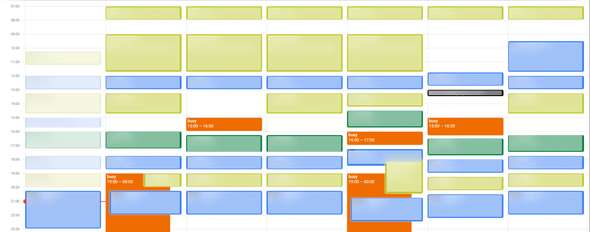 An obfuscated image of how I am using Google Calendar. Each event have at least 15 minutes gap between them, and they almost never overlap. There are also almost no short events