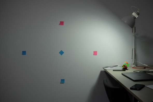 An image of my wall with 5 post-it notes creating a grid, 2 for x-axis, 2 for y-axis, and 1 in the middle